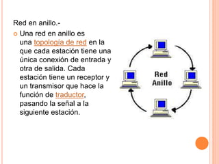 Red en anillo.-
 Una red en anillo es
una topología de red en la
que cada estación tiene una
única conexión de entrada y
otra de salida. Cada
estación tiene un receptor y
un transmisor que hace la
función de traductor,
pasando la señal a la
siguiente estación.
 