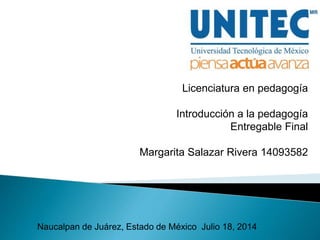 Licenciatura en pedagogía
Introducción a la pedagogía
Entregable Final
Margarita Salazar Rivera 14093582
Naucalpan de Juárez, Estado de México Julio 18, 2014
 