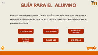 Esta guía es una breve introducción a la plataforma Moodle. Representa los pasos a
seguir por el alumno desde antes de estar matriculado en un curso Moodle hasta su
posterior utilización.
INTRODUCCION PRIMER ACCESO
DESPUES DE
ACCEDER
GUIA DE USO USO BASICO
NORMAS
BASICAS
 