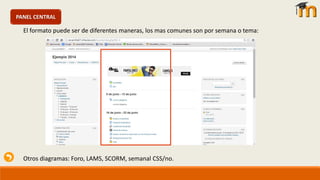 PANEL CENTRAL
El formato puede ser de diferentes maneras, los mas comunes son por semana o tema:
Otros diagramas: Foro, LAMS, SCORM, semanal CSS/no.
 