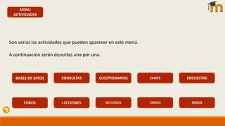 MENU
ACTIVIDADES
Son varias las actividades que pueden aparecer en este menú.
A continuación serán descritas una por una.
CONSULTAS CUESTIONARIOS CHATS ENCUESTAS
LECCIONES RECURSOS TAREAS WIKIS
BASES DE SATOS
FOROS
 
