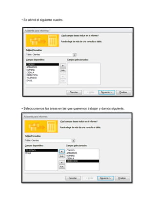 • Se abrirá el siguiente cuadro. 
• Seleccionamos las áreas en las que queremos trabajar y damos siguiente. 
 