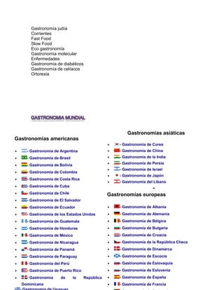 Gastronomía judía 
Corrientes 
Fast Food 
Slow Food 
Eco gastronomía 
Gastronomía molecular 
Enfermedades 
Gastronomía de diabéticos 
Gastronomía de celíacos 
Ortorexia 
 
 
Gastronomías de Oceanía 
 - Gastronomía de Australia 
Gastronomías asiáticas 
 - Gastronomía de Corea 
 - Gastronomía de China 
 - Gastronomía de la India 
 - Gastronomía de Persia 
 - Gastronomía de Israel 
 - Gastronomía de Japón 
 - Gastronomía del Líbano 
 
Gastronomías europeas 
 - Gastronomía de Albania 
 - Gastronomía de Alemania 
 - Gastronomía de Bélgica 
 - Gastronomía de Bulgaria 
 - Gastronomía de Croacia 
 - Gastronomía de la República Checa 
 - Gastronomía de Dinamarca 
 - Gastronomía de Escocia 
 - Gastronomía de Eslovaquia 
 - Gastronomía de Eslovenia 
 - Gastronomía de España 
 - Gastronomía de Francia 
- Gastronomía de Portugal 
Gastronomías americanas 
 - Gastronomía de Argentina 
 - Gastronomía de Brasil 
 - Gastronomía de Bolivia 
 - Gastronomía de Colombia 
 - Gastronomía de Costa Rica 
 - Gastronomía de Cuba 
 - Gastronomía de Chile 
 - Gastronomía de El Salvador 
 - Gastronomía de Ecuador 
 - Gastronomía de los Estados Unidos 
 - Gastronomía de Guatemala 
 - Gastronomía de Honduras 
 - Gastronomía de México 
 - Gastronomía de Nicaragua 
 - Gastronomía de Panamá 
 - Gastronomía de Paraguay 
 - Gastronomía del Perú 
 - Gastronomía de Puerto Rico 
 - Gastronomía de la República 
Dominicana 
- Gastronomía de Uruguay 
 