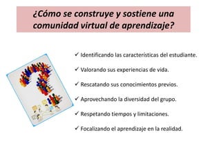 ¿Cómo se construye y sostiene una
comunidad virtual de aprendizaje?
 Identificando las características del estudiante.
 Valorando sus experiencias de vida.
 Rescatando sus conocimientos previos.
 Aprovechando la diversidad del grupo.
 Respetando tiempos y limitaciones.
 Focalizando el aprendizaje en la realidad.
 