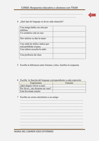 CURSO. Respuesta educativa a alumnos con TDAH 
MARIA DEL CARMEN SÁEZ GUTIÉRREZ 
17 
……………………………………………………………………… 
……………………………………………………………… 
4 ¿Qué tipo de lenguaje se da en cada situación? 
Una amiga habla con otra por 
teléfono 
Un semáforo está en rojo 
Dos señores se dan la mano 
Una señal de tráfico indica que 
está prohibido el paso. 
Una señora escucha la radio 
Una profesora da clase 
5 Escribe la diferencia entre fonema y letra. Justifica la respuesta 
6 Escribe la función del lenguaje correspondiente a cada expresión 
Expresiones Función 
¡Qué alegría volver a casa! 
Por favor ¿ me alcanzas un vaso? 
Está lloviendo mucho 
7 Escribe un correo electrónico a un amigo 
……………………………………………………………………… 
……………………………………………………………………… 
……………………………………………………………………… 
……………………………………………………………………… 
……………………………………………………………………… 
……………………………………………………………………… 
……………………………………………………………………… 
……………………………………………………………………… 
……………………………………………………………………… 
……………………………………………………………………… 
 