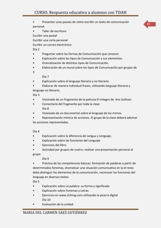 CURSO. Respuesta educativa a alumnos con TDAH 
MARIA DEL CARMEN SÁEZ GUTIÉRREZ 
20 
• Presentar unas pautas de cómo escribir un texto de comunicación 
personal. 
• Taller de escritura: 
Escribir una postal 
Escribir una carta personal 
Escribir un correo electrónico 
Día 2 
• Preguntar sobre las formas de Comunicación que conocen 
• Explicación sobre los tipos de Comunicación y sus elementos. 
• Dramatización de distintos tipos de Comunicación. 
• Elaboración de un mural sobre los tipos de Comunicación por grupos de 
3 
Día 7 
• Explicación sobre el lenguaje literario y no literario. 
• Elaborar de manera individual frases, utilizando lenguaje literario y 
lenguaje no literario. 
Día 3 
• Visionado de un fragmento de la película El milagro de Ana Sullivan. 
• Comentario del fragmento por toda la clase 
Día 8 
• Visionado de un documental sobre el lenguaje de los mimos. 
• Representación mímica de acciones. El grupo de la clase deberá adivinar 
las acciones representadas. 
Día 4 
• Explicación sobre la diferencia de Lengua y Lenguaje. 
• Explicación sobre las funciones del Lenguaje 
• Ejercicios del libro. 
• Actividad por grupos de cuatro: realizar una presentación personal al 
grupo 
Día 9 
• Práctica de las competencias básicas: formación de palabras a partir de 
determinados fonemas, dramatizar una situación comunicativa en la el resto 
deba distinguir los elementos de la comunicación, reconocer las funciones del 
lenguaje en diversos textos 
Día 5 
• Explicación sobre La palabra: su forma y significado 
• Explicación sobre Fonemas y Letras 
• Ejercicios en www.tiching.com utilizando la pizarra digital 
Día 10 
• Evaluación de la unidad 
 