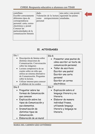 CURSO. Respuesta educativa a alumnos con TDAH 
MARIA DEL CARMEN SÁEZ GUTIÉRREZ 
4 
castellano. 
Escribir correctamente 
diferentes tipos de 
correspondencia 
personal: carta, correo 
electrónico y postal 
Conocer las 
particularidades de la 
comunicación literaria 
dado. 
Valoración de la lectura 
como enriquecimiento 
personal 
una carta y una postal, 
siguiendo las pautas 
estudiadas. 
II. ACTIVIDADES 
Día 1 
 Descripción de lámina sobre 
distintas situaciones de 
Comunicación. Conversación 
sobre las imágenes 
 Lectura comprensiva de un 
cuento sobre un niño que 
utiliza un sistema alternativo 
de Comunicación. Preguntas 
sobre la lectura. 
 Utilizar internet para conocer 
el alfabeto de los sordos 
Día 6 
 Presentar unas pautas de 
cómo escribir un texto de 
comunicación personal. 
 Taller de escritura: 
Escribir una postal 
Escribir una carta 
personal 
Escribir un correo 
electrónico 
Día 2 
 Preguntar sobre las 
formas de Comunicación 
que conocen 
 Explicación sobre los 
tipos de Comunicación y 
sus elementos. 
 Dramatización de 
distintos tipos de 
Comunicación. 
 Elaboración de un mural 
Día 7 
 Explicación sobre el 
lenguaje literario y no 
literario. 
 Elaborar de manera 
individual frases, 
utilizando lenguaje 
literario y lenguaje no 
literario. 
 