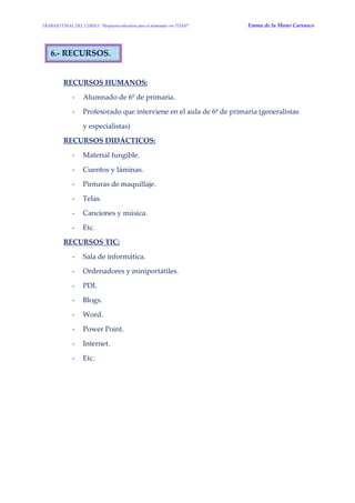 TRABAJO FINAL DEL CURSO: “Respuesta educativa para el alumnado con TDAH” Emma de la Mano Carrasco 
6.- RECURSOS. 
RECURSOS HUMANOS: 
- Alumnado de 6º de primaria. 
- Profesorado que interviene en el aula de 6º de primaria (generalistas y especialistas) 
RECURSOS DIDÁCTICOS: 
- Material fungible. 
- Cuentos y láminas. 
- Pinturas de maquillaje. 
- Telas. 
- Canciones y música. 
- Etc. 
RECURSOS TIC: 
- Sala de informática. 
- Ordenadores y miniportátiles. 
- PDI. 
- Blogs. 
- Word. 
- Power Point. 
- Internet. 
- Etc.  