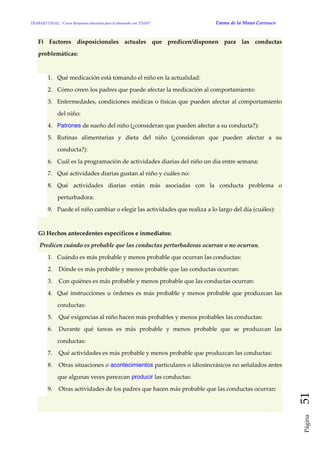 TRABAJO FINAL: “Curso Respuesta educativa para el alumnado con TDAH” Emma de la Mano Carrasco 
Página 51 
F) Factores disposicionales actuales que predicen/disponen para las conductas problemáticas: 1. Qué medicación está tomando el niño en la actualidad: 2. Cómo creen los padres que puede afectar la medicación al comportamiento: 3. Enfermedades, condiciones médicas o físicas que pueden afectar al comportamiento del niño: 4. Patrones de sueño del niño (¿consideran que pueden afectar a su conducta?): 5. Rutinas alimentarias y dieta del niño (¿consideran que pueden afectar a su conducta?): 6. Cuál es la programación de actividades diarias del niño un día entre semana: 7. Qué actividades diarias gustan al niño y cuáles no: 8. Qué actividades diarias están más asociadas con la conducta problema o perturbadora: 9. Puede el niño cambiar o elegir las actividades que realiza a lo largo del día (cuáles): G) Hechos antecedentes específicos e inmediatos: Predicen cuándo es probable que las conductas perturbadoras ocurran o no ocurran. 1. Cuándo es más probable y menos probable que ocurran las conductas: 2. Dónde es más probable y menos probable que las conductas ocurran: 3. Con quiénes es más probable y menos probable que las conductas ocurran: 4. Qué instrucciones u órdenes es más probable y menos probable que produzcan las conductas: 5. Qué exigencias al niño hacen más probables y menos probables las conductas: 6. Durante qué tareas es más probable y menos probable que se produzcan las conductas: 7. Qué actividades es más probable y menos probable que produzcan las conductas: 8. Otras situaciones o acontecimientos particulares o idiosincrásicos no señalados antes que algunas veces parezcan producir las conductas: 9. Otras actividades de los padres que hacen más probable que las conductas ocurran:  
