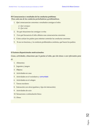 TRABAJO FINAL: “Curso Respuesta educativa para el alumnado con TDAH” Emma de la Mano Carrasco 
Página 52 
H) Consecuencias o resultados de las conductas problema: Para cada una de las conductas perturbadoras y problemáticas. 1. Qué consecuencias concretas o resultados consigue el niño: a) Qué consigue: b) Qué evita: 2. En qué situaciones las consigue o evita: 3. Con qué frecuencia el niño obtiene esas consecuencias concretas: 4. Cómo actúan los padres para intentar controlar las conductas concretas: 5. Si eso no funciona, y la conducta problemática continúa, qué hacen los padres: I) Factores disposicionales motivacionales: Cosas, actividades, situaciones que le gustan al niño, que éste desea o son reforzantes para él: 1. Alimentos: 2. Juguetes y juegos: 3. Objetos: 4. Actividades en casa: 5. Actividades en el vecindario y comunidad: 6. Actividades en el colegio: 7. Tareas escolares: 8. Interacción con otros (quiénes y tipo de interacción): 9. Actividades de ocio: 10. Sensaciones o estimulación física: 11. Otras:  