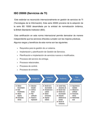 ISO 20000 (Servicios de TI) 
Este estándar es reconocido internacionalmente en gestión de servicios de TI 
(Tecnologías de la Información). Esta serie 20000 proviene de la adopción de 
la serie BS 15000 desarrollada por la entidad de normalización británica, 
la British Standards Institution (BSI). 
Esta certificación en esta norma internacional permite demostrar de manera 
independiente que los servicios ofrecidos cumplen con las mejores prácticas. 
Algunos rasgos y beneficios de esta norma son las siguientes: 
 Requisitos para la gestión de un sistema. 
 Implantación y planificación de Gestión de Servicios. 
 Planificación e implantación de servicios nuevos o modificados. 
 Procesos del servicio de entrega. 
 Procesos relacionales. 
 Procesos de control. 
 Procesos de emisión. 
 