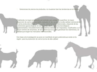 Variaciones de precios de productos, no muestran bien las tendencias en el tiempo. 
Finalmente, la mayor producción por animal y por unidad de superficie, la mayor 
proporción de carne aprovechable evaluada en las canales y la alta calidad nutricional de 
la carne producida en esta se encuentra estrechamente relacionada y depende de las 
condiciones agroecológicas de las mismas y de los patrones tecnológicos 
implementados; indudablemente estos últimos deberán ser mejorados, masificados a un 
mayor número de empresas, de tal manera que se pueda garantizar los volúmenes y la 
calidad que exigen los mercados internacionales. 
Con base a la investigación se pone en manifiesto el gran potencial que existe en la 
región para la producción de carne bovina de alta calidad 
 