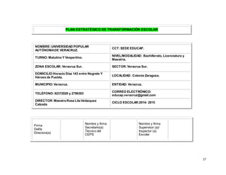 17
PLAN ESTRATÉGICO DE TRANSFORMACIÓN ESCOLAR
NOMBRE:UNIVERSIDAD POPULAR
AUTÓNOMADE VERACRUZ.
CCT:SEDE EDUCAP.
TURNO:Matutino Y Vespertino.
NIVEL/MODALIDAD: Bachillerato, Licenciatura y
Maestría.
ZONA ESCOLAR: Veracruz Sur. SECTOR:Veracruz Sur.
DOMICILIO:Horacio Díaz 143 entre Negrete Y
Héroes de Puebla.
LOCALIDAD: Colonia Zaragoza.
MUNICIPIO:Veracruz. ENTIDAD: Veracruz.
TELÉFONO:92372020 y 2796303
CORREO ELECTRÓNICO:
educap.veracruz@gmail.com
DIRECTOR:Maestra Rosa Lila Velázquez
Calzada
CICLO ESCOLAR:2014- 2015
Firma
Del/la
Directora(a)
Nombre y firma
Secretario(a)
Técnico del
CEPS
Nombre y firma
Supervisor (a)/
Inspector (a)
Escolar
 