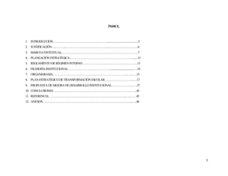 2
ÍNDICE.
1. INTRODUCCIÓN…….………………………………..……….................................................3
2. JUSTIFICACIÓN…………...……………………………………..………………………..6
3. MARCOCONTEXTUAL………………………………………………………………….7
4. PLANEACIÓNESTRATÉGICA……………………………………………………….......13
5. REGLAMENTODERÉGIMENINTERNO…………………………………………….…13
6. FILOSOFÍAINSTITUCIONAL…………………………………….....................................…14
7. ORGANIGRAMA………………………………………………………………...…...…..15
8. PLANESTRATÉGICODETRANSFORMACIÓNESCOLAR………………………..….17
9. PROPUESTADEMEJORADEDESARROLLOINSTITUCIONAL……………….…….37
10. CONCLUSIONES………………………………………………………………….……..43
11. REFERENCIA…………………………………………………………………..…...……45
12. ANEXOS……………………………………………………………………………...…..46
 