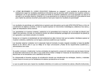 23
d) ¿CÓMO MEJORAMOS EL LOGRO EDUCATIVO? Reflexionen en colegiado:* ¿Los resultados de aprendizaje son
satisfactorios según los resultados estadísticos?¿Percibimos que los alumnos están contentos (se muestran curiosos o
satisfechos con lo que aprenden?¿Los padres de familia se muestran satisfechos con lo que aprenden sus hijos en la
escuela?¿Los docentes estamos contentos con lo que aprendemos en el ejercicio de la docencia?¿Qué podemos hacer
para mejorar las prácticas docentes?¿Qué podemos hacer para mejorar los resultados de aprendizaje?
Los resultados de aprendizaje son satisfactorios en general, pues demuestran que la sede UPAV/ EDUCAP lleva un ritmo de
cumplimiento de objetivos constante, si bien se requiere expresar en instrumentos metodológicos y didácticos más claros y
ágiles de interpretación dichos avances.
Los aprendientes se muestran contentos, satisfechos en la generalidad de la matrícula, aún con la falta de difusión para
captar más personas a la sede, es creciente el número de nuevos estudiantes que llegan por recomendación de quienes ya
son egresados o que todavía estudian en el plantel.
Aunque es un mayoría un estudiantado de nivel profesional son ellos mismos más que sus padres o familiares quienes se
muestran contentos y satisfechos con los logros y avances académicos que muestran.
Los docentes estamos contentos con lo alcanzado hasta el momento, la sede a logrado consolidar un base de plantilla
laboral en los últimos años lo que se refleja en la mejor comunicación y fluidez de los requerimientos académicos y
administrativos de la sede.
Se pueden comenzar a implementar muchas actividades de organización y proyección institucional, pues las bases internas
de desarrollo institucional se han dado, lo que puede ahora motivar a trabajar en instancias de trascendencia comunitaria y
laboral tanto en los estudiantes como catedráticos de la sede.
Es indispensable el fomentar espacios de actualización docente que retroalimenten las estrategias, diseños y materiales
usados hasta el momento por los facilitadores de saberes que laboramos en la sede.
Lo que se puede hacer para mejorar los resultados obtenidos en la sede es el mantener los valores y filosofía institucional y
 