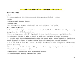 53
ANEXO 4. REGLAMENTO ESCOLAR SEDE UPAV/ EDUCAP
R E G L A M E N T O
AULA:
Si ingresan alimentos que estos no sean grasosos o muy olorosos por respecto a los demás y al maestro.
Alumnos:
Recoger su basura y depositarla en el bote.
Cuidar el equipo
No gritar mucho o subir el volumen de la música muy fuerte ya que se escucha en el salón de al lado.
EVALUACION MATERIAS
Todas las materias se regirán con el siguiente porcentaje de evaluación: 40% Examen, 20% Participación (incluye asistencia y
participación en clase) y 40% Productos Académicos.
Persona que falte por ende no tendrá el 20% de participación ó ésta será proporcional a sus asistencias y participación en clase.
El maestro deberá especificar con claridad los requisitos del trabajo (basarse en el manual de Estrategias de Aprendizaje
Cada cuatro sábados hay un examen parcial por cada materia que abarca el bloque ó final esto depende de los acuerdos con el
maestro. (Licenciatura) ) y actividad que se solicita, así mismo indicará cual es el puntaje total y parcial de cada actividad.
En el sexto sábado el maestro dará a conocer a los alumnos el resultado de su primer parcial para que realice los ajustes
pertinentes.(Licenciatura)
Si no presentas examen la fecha indicada tienes 15 días para presentarlo en caso de que no lo hagas te vas directo a extraordinario.
Tendrán derecho a 2 extraordinarios y 1 Titulo.
Dichos exámenes se presentan con un margen de 1 semana entre uno y otro.
El extraordinario tendrá un costo de $100.00 y el Titulo $200.00
 