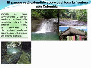El parque está extendido sobre casi toda la frontera
con Colombia
Carecer de rutas
pavimentadas y poseer
senderos de tierra sólo
transitable durante la
estación seca,
el recorrerlo a
pie constituye una de las
experiencias imborrables
del turismo aventura.
 