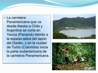  La carretera
Panamericana que va
desde Alaska a Chile y
Argentina se corta en
Yaviza (Panamá) debido a
la espesa selva del tapón
del Darién, y en la ciudad
de Turbo (Colombia) inicia
la parte sudamericana de
la carretera Panamericana.
 