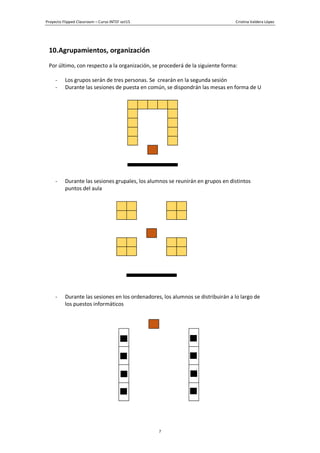 Proyecto Flipped Classroom – Curso INTEF oct15 Cristina Valdera López
7
10.Agrupamientos, organización
Por último, con respecto a la organización, se procederá de la siguiente forma:
- Los grupos serán de tres personas. Se crearán en la segunda sesión
- Durante las sesiones de puesta en común, se dispondrán las mesas en forma de U
- Durante las sesiones grupales, los alumnos se reunirán en grupos en distintos
puntos del aula
- Durante las sesiones en los ordenadores, los alumnos se distribuirán a lo largo de
los puestos informáticos
 