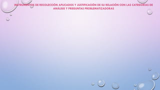 INSTRUMENTOS DE RECOLECCIÓN APLICADOS Y JUSTIFICACIÓN DE SU RELACIÓN CON LAS CATEGORÍAS DE
ANÁLISIS Y PREGUNTAS PROBLEMATIZADORAS
 
