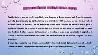 Pueblo Bello es uno de los 25 municipios que integran el Departamento del Cesar. Se encuentra
sobre la Sierra Nevada de Santa Marta a una altitud de 1200 m.s.n.m. en un estrecho valle de
montaña sobre un altiplano. Es un importante centro para servicios de salud y abasto para la
población Indígena de la Sierra y un atractivo sitio turístico no solo para los habitantes del Cesar
sino también de otras regiones de Colombia y el mundo por tener en su jurisdicción la capital de la
Cultura Arahuaca Nabusimake con todas las características de la cultura indígena en pleno
esplendor.
El municipio presenta una división administrativa tipo tradicional, determinada por el perímetro
urbano y el sector rural el cual está conformado por seis (6) corregimientos y (70) veredas.
 