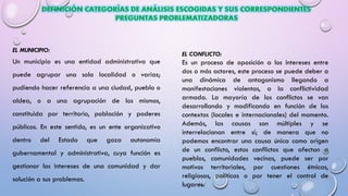 EL CONFLICTO:
Es un proceso de oposición a los intereses entre
dos o más actores, este proceso se puede deber a
una dinámica de antagonismo llegando a
manifestaciones violentas, a la conflictividad
armada. La mayoría de los conflictos se van
desarrollando y modificando en función de los
contextos (locales e internacionales) del momento.
Además, las causas son múltiples y se
interrelacionan entre sí; de manera que no
podemos encontrar una causa única como origen
de un conflicto, estos conflictos que afectan a
pueblos, comunidades vecinas, puede ser por
motivos territoriales, por cuestiones étnicas,
religiosas, políticas o por tener el control de
lugares.
EL MUNICIPIO:
Un municipio es una entidad administrativa que
puede agrupar una sola localidad o varias;
pudiendo hacer referencia a una ciudad, pueblo o
aldea, o a una agrupación de los mismos,
constituida por territorio, población y poderes
públicos. En este sentido, es un ente organizativo
dentro del Estado que goza autonomía
gubernamental y administrativa, cuya función es
gestionar los intereses de una comunidad y dar
solución a sus problemas.
 