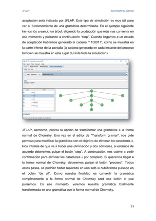 JFLAP Sara Martínez Gómez
23
aceptación será indicado por JFLAP. Este tipo de simulación es muy útil para
ver el funcionamiento de una gramática determinada. En el ejemplo siguiente
hemos ido creando un árbol, eligiendo la producción que más nos convenía en
ese momento y pulsando a continuación “step”. Cuando llegamos a un estado
de aceptación habíamos generado la cadena “1100011”, como se muestra en
la parte inferior de la pantalla (la cadena generada en cada instante del proceso
también se muestra en este lugar durante toda la simulación).
JFLAP, asimismo, provee la opción de transformar una gramática a la forma
normal de Chomsky. Una vez en el editor de “Transform gramar”, nos pide
permiso para modificar la gramática con el objetivo de eliminar los caracteres λ.
Nos informa de que va a haber una eliminación y dos adiciones, si estamos de
acuerdo deberemos pulsar el botón “step”. A continuación, nos vuelve a pedir
confirmación para eliminar los caracteres λ por completo. Si queremos llegar a
la forma normal de Chomsky, deberemos pulsar el botón “proceed”. Todos
estos pasos, se podrían haber realizado en uno solo si hubiéramos pulsado en
el botón “do all”. Como nuestra finalidad es convertir la gramática
completamente a la forma normal de Chomsky será ese botón el que
pulsemos. En ese momento, veremos nuestra gramática totalmente
transformada en una gramática con la forma normal de Chomsky.
 