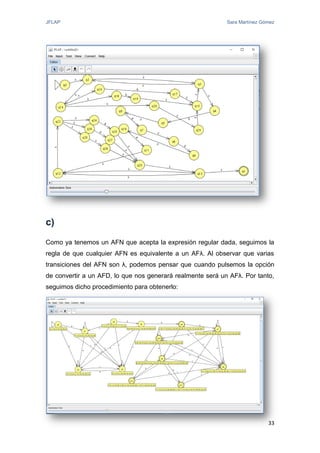 JFLAP Sara Martínez Gómez
33
c)
Como ya tenemos un AFN que acepta la expresión regular dada, seguimos la
regla de que cualquier AFN es equivalente a un AFλ. Al observar que varias
transiciones del AFN son λ, podemos pensar que cuando pulsemos la opción
de convertir a un AFD, lo que nos generará realmente será un AFλ. Por tanto,
seguimos dicho procedimiento para obtenerlo:
 