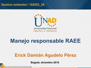Gestion ambental / 102053_29
Manejo responsable RAEE
Erick Damián Agudelo Pérez
Bogotá, diciembre 2016
 