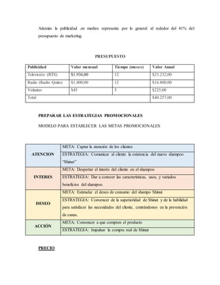 Además la publicidad en medios representa por lo general al rededor del 41% del
presupuesto de marketing.
PRESUPUESTO
Publicidad Valor mensual Tiempo (meses) Valor Anual
Televisión (RTS) $1.936,00 12 $23.232,00
Radio (Radio Quito) $1.400,00 12 $16.800,00
Volantes $45 5 $225,00
Total $40.257,00
PREPARAR LAS ESTRATEGIAS PROMOCIONALES
MODELO PARA ESTABLECER LAS METAS PROMOCIONALES
ATENCION
META: Captar la atención de los clientes
ESTRATEGIA: Comunicar al cliente la existencia del nuevo shampoo
“Shinut”
INTERES
META: Despertar el interés del cliente en el shampoo
ESTRATEGIA: Dar a conocer las características, usos, y variados
beneficios del shampoo.
DESEO
META: Estimular el deseo de consumo del shampo Shinut
ESTRATEGIA: Convencer de la superioridad de Shinut y de la habilidad
para satisfacer las necesidades del cliente, centrándonos en la prevención
de canas.
ACCIÓN
META: Convencer a que compren el producto
ESTRATEGIA: Impulsar la compra real de Shinut
PRECIO
 