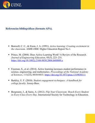 Referencias bibliográficas (formatoAPA).
 Bonwell, C. C., & Eison, J. A. (1991). Active learning: Creating excitement in
the classroom. ASHE-ERIC Higher Education Report No.1.
 Prince, M. (2004). Does Active Learning Work? A Review of the Research.
Journal of Engineering Education, 93(3), 223–231.
https://doi.org/10.1002/j.2168-9830.2004.tb00809.x
 Freeman, S., et al. (2014). Active learning increases student performance in
science, engineering, and mathematics. Proceedings of the National Academy
of Sciences, 111(23), 8410-8415. https://doi.org/10.1073/pnas.1319030111
 Barkley, E. F. (2010). Student engagement techniques: A handbook for
college faculty. Jossey-Bass.
 Bergmann, J., & Sams, A. (2012). Flip Your Classroom: Reach Every Student
in Every Class Every Day. International Society for Technology in Education.
 