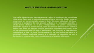 MARCO DE REFERENCIA – MARCO CONTEXTUAL



Unas de las injerencias mas preponderantes del cultivo de tomate para las comunidades
indígenas del Cauca será el crecimiento exponencial de su economía debido a que con
este proyecto se generara empleo y sustento dentro del núcleo poblacional del Cauca.
Inicialmente la perspectiva de este proyecto se basa en la producción sostenible, el
estudio técnico efectuado en el área correspondiente
no genera consecuencias
ambientales negativas al entorno natural. Dentro del marco de referencia-marco contextual
también cabe acotar que las malas prácticas agrícolas en los procesos productivos y el mal
uso de agroquímicos crean un impacto perjudicial en aire, al agua y el suelo afectando
conjuntamente la flora y la fauna. Para la realización de este proyecto se oriento a la
comunidad indígena beneficiada respecto a la utilización de plaguicidas ya que la
disminución en el uso de estos mejora considerablemente la calidad del producto .

 
