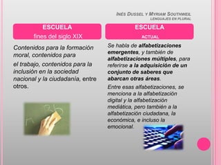 INÉS DUSSEL Y MYRIAM SOUTHWEIL
                                                   LENGUAJES EN PLURAL

           ESCUELA                           ESCUELA
       fines del siglo XIX                     ACTUAL

Contenidos para la formación      Se habla de alfabetizaciones
                                  emergentes, y también de
moral, contenidos para
                                  alfabetizaciones múltiples, para
el trabajo, contenidos para la    referirse a la adquisición de un
inclusión en la sociedad          conjunto de saberes que
nacional y la ciudadanía, entre   abarcan otras áreas.
otros.                            Entre esas alfabetizaciones, se
                                  menciona a la alfabetización
                                  digital y la alfabetización
                                  mediática, pero también a la
                                  alfabetización ciudadana, la
                                  económica, e incluso la
                                  emocional.
 