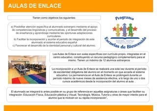 AULAS DE ENLACE
                    Tienen como objetivos los siguientes:


 a) Posibilitar atención específica al alumnado extranjero mediante el apoyo
  de competencias lingüísticas y comunicativas, y el desarrollo del proceso
      de enseñanza y aprendizaje mediante las oportunas adaptaciones
                                   curriculares.
    b) Facilitar la incorporación y acortar el periodo de integración de este
                      alumnado al sistema educativo español
  c) Favorecer el desarrollo de la identidad personal y cultural del alumno.


                                     Las Aulas de Enlace son aulas específicas con currículo propio, integradas en el
                                     centro educativo, constituyendo un recurso pedagógico complementario para el
                                                  mismo. Tienen un máximo de 12 alumnos extranjeros


                                     La incorporación a un Aula de Enlace se realizará una sola vez durante el período
                                      de escolaridad obligatoria del alumno en el momento en que acceda al sistema
                                         educativo. La permanencia en el Aula de Enlace se prolongará durante un
                                      período máximo de nueve meses de asistencia efectiva, a lo largo de uno o dos
                                              cursos académicos desde la incorporación del alumno al aula. .


  El alumnado se integrará lo antes posible en su grupo de referencia en aquellas asignaturas o áreas que faciliten su
integración: Educación Física, Educación plástica y Visual, Tecnología, Música, Tutoría u otras de mayor interés para el
                                  alumno que le motiven en su rápida incorporación”.
 