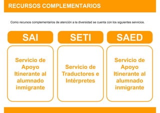 RECURSOS COMPLEMENTARIOS

Como recursos complementarios de atención a la diversidad se cuenta con los siguientes servicios.




        SAI                                SETI                             SAED

   Servicio de                                                             Servicio de
      Apoyo                           Servicio de                             Apoyo
  Itinerante al                      Traductores e                        Itinerante al
    alumnado                          Intérpretes                           alumnado
   inmigrante                                                              inmigrante
 