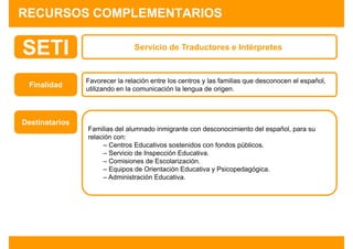 RECURSOS COMPLEMENTARIOS

SETI                            Servicio de Traductores e Intérpretes


                Favorecer la relación entre los centros y las familias que desconocen el español,
 Finalidad      utilizando en la comunicación la lengua de origen.




Destinatarios
                Familias del alumnado inmigrante con desconocimiento del español, para su
                relación con:
                     – Centros Educativos sostenidos con fondos públicos.
                     – Servicio de Inspección Educativa.
                     – Comisiones de Escolarización.
                     – Equipos de Orientación Educativa y Psicopedagógica.
                     – Administración Educativa.
 
