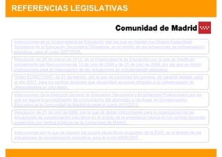REFERENCIAS LEGISLATIVAS



Instrucciones de la Viceconsejera de Educación por las que se regulan los Grupos Específicos
Singulares de la Educación Secundaria Obligatoria, en el ámbito de las actuaciones de compensación
educativa, para el curso 2007/2008.
Resolución de 26 de marzo de 2012, de la Viceconsejería de Educación, por la que se modifican
parcialmente las Resoluciones de 10 de julio de 2008 y de 21 de julio de 2006, por las que se dictan
instrucciones para la organización de las actuaciones de compensación educativa
Orden ECI/627/2007, de 27 de febrero, por la que se convocan los premios, de carácter estatal, para
el año 2007, para los centros docentes que desarrollen acciones dirigidas a la compensación de
desigualdades en educación.
Instrucciones de la Dirección General de Educación Secundaria y Enseñanzas Profesionales por las
que se regula el procedimiento de incorporación del alumnado a las Aulas de Compensación
Educativa de la Comunidad de Madrid durante el curso 2011/2012.
Resolución de 21 de julio de 2006, por la que se dictan instrucciones para la organización de las
actuaciones de compensación educativa en el ámbito de la enseñanza básica en los centros docentes
sostenidos con fondos públicos de la Comunidad de Madrid.

Instrucciones por la que se regulan los grupos específicos singulares de la ESO, en el ámbito de las
actuaciones de compensación educativa, para el curso 2006/2007. .
 