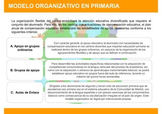 MODELO ORGANIZATIVO EN PRIMARIA

La organización flexible del centro posibilitará la atención educativa diversificada que requiere el
conjunto del alumnado. Para ello, en los centros con actuaciones de compensación educativa, el plan
anual de compensación educativa establecerá las modalidades de apoyo necesarias conforme a los
siguientes criterios:


                             Con carácter general, el apoyo educativo al alumnado con necesidades de
A. Apoyo en grupos       compensación educativa en los centros docentes que impartan educación primaria se
     ordinarios            realizará dentro de los grupos ordinarios, sin perjuicio de la organización de los
                                 agrupamientos flexibles y de apoyo que se definen a continuación.



                             Para desarrollar las actividades específicas relacionadas con la adquisición de
                           competencias comunicativas en la lengua vehicular del proceso de enseñanza, así
B. Grupos de apoyo        como con la adquisición o refuerzo de aprendizajes instrumentales básicos, se podrá
                             establecer apoyo educativo en grupos fuera del aula de referencia, durante un
                                                   máximo de quince horas semanales.


                          Dirigidas a los alumnos/as de segundo y tercer ciclo de educación primaria que se
                         escolaricen por primera vez en el sistema educativo de la Comunidad de Madrid, con
C. Aulas de Enlace       desconocimiento de la lengua española o con graves carencias de los conocimientos
                         básicos como consecuencia de su escolarización irregular en el país de origen. Este
                                        modelo organizativo se regirá por instrucciones propias.
 