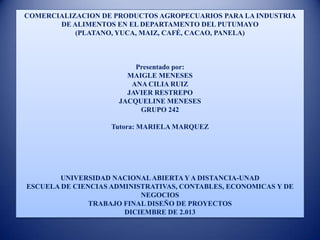 COMERCIALIZACION DE PRODUCTOS AGROPECUARIOS PARA LA INDUSTRIA
DE ALIMENTOS EN EL DEPARTAMENTO DEL PUTUMAYO
(PLATANO, YUCA, MAIZ, CAFÉ, CACAO, PANELA)

Presentado por:
MAIGLE MENESES
ANA CILIA RUIZ
JAVIER RESTREPO
JACQUELINE MENESES
GRUPO 242
Tutora: MARIELA MARQUEZ

UNIVERSIDAD NACIONAL ABIERTA Y A DISTANCIA-UNAD
ESCUELA DE CIENCIAS ADMINISTRATIVAS, CONTABLES, ECONOMICAS Y DE
NEGOCIOS
TRABAJO FINAL DISEÑO DE PROYECTOS
DICIEMBRE DE 2.013

 