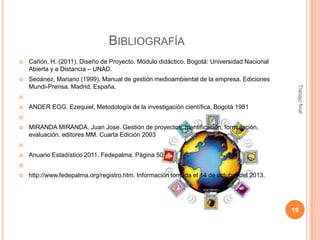 BIBLIOGRAFÍA
Cañón, H. (2011). Diseño de Proyecto. Módulo didáctico. Bogotá: Universidad Nacional
Abierta y a Distancia – UNAD.



Seoánez, Mariano (1999). Manual de gestión medioambiental de la empresa. Ediciones
Mundi-Prensa. Madrid, España.




ANDER EGG. Ezequiel, Metodología de la investigación científica. Bogotá 1981

Trabajo final






MIRANDA MIRANDA, Juan Jose. Gestión de proyectos. Identificación, formulación,
evaluación. editores MM. Cuarta Edición 2003




Anuario Estadístico 2011. Fedepalma. Página 50.




http://www.fedepalma.org/registro.htm. Información tomada el 14 de octubre del 2013.

19

 