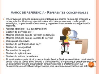MARCO DE REFERENCIA - REFERENTES CONCEPTUALES














ITIL provee un conjunto completo de prácticas que abarca no sólo los procesos y
requerimientos técnicos y operacionales, sino que se relaciona con la gestión
estratégica, la gestión de operaciones y la gestión financiera de una organización
moderna.
Algunos libros de ITIL y sus temas son:
Gestión de Servicios de TI
Mejores prácticas para la Provisión de Servicio
Mejores prácticas para el Soporte de Servicio
Otras guías operativas
Gestión de la infraestructura de TI
Gestión de la seguridad
Perspectiva de negocio
Gestión de aplicaciones
Gestión de activos de software.
El servicio de soporte técnico denominado Service Desk se convirtió en una industria
desde hace ya varios años, debido a la importancia, e impacto que puede generar que
un colaborador de una organización tenga incidentes o problemas con sus
7
herramientas de ofimática indispensables para la operación normal de sus actividades

 