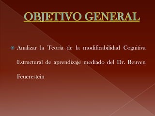    Analizar la Teoría de la modificabilidad Cognitiva

    Estructural de aprendizaje mediado del Dr. Reuven

    Feuerestein
 
