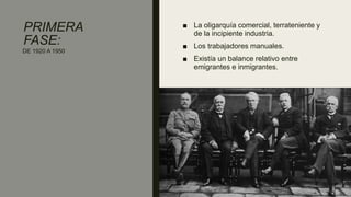 PRIMERA
FASE:
■ La oligarquía comercial, terrateniente y
de la incipiente industria.
■ Los trabajadores manuales.
■ Existía un balance relativo entre
emigrantes e inmigrantes.
DE 1920 A 1950
 