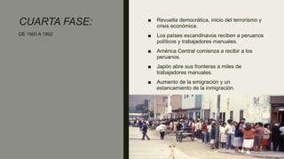 CUARTA FASE: ■ Revuelta democrática, inicio del terrorismo y
crisis económica.
■ Los países escandinavos reciben a peruanos
políticos y trabajadores manuales.
■ América Central comienza a recibir a los
peruanos.
■ Japón abre sus fronteras a miles de
trabajadores manuales.
■ Aumento de la emigración y un
estancamiento de la inmigración.
DE 1980 A 1992
 