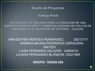 ANA ESTHER MONTES HERNANDEZ. 26213177
SANDRA MILENA PEDREROS CERQUERA.
2647220
LUISA FERNANDA SALAZAR . 24694016
LILIANA FERNANDEZ BLANDON. 25221969
GRUPO: 102058-250
 