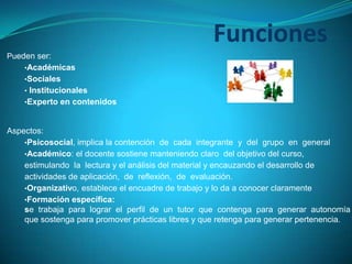 Funciones
Pueden ser:
•Académicas
•Sociales
• Institucionales
•Experto en contenidos
Aspectos:
•Psicosocial, implica la contención de cada integrante y del grupo en general
•Académico: el docente sostiene manteniendo claro del objetivo del curso,
estimulando la lectura y el análisis del material y encauzando el desarrollo de
actividades de aplicación, de reflexión, de evaluación.
•Organizativo, establece el encuadre de trabajo y lo da a conocer claramente
•Formación específica:
se trabaja para lograr el perfil de un tutor que contenga para generar autonomía
que sostenga para promover prácticas libres y que retenga para generar pertenencia.
 