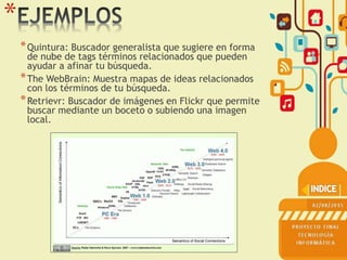 *
*Quintura: Buscador generalista que sugiere en forma
de nube de tags términos relacionados que pueden
ayudar a afinar tu búsqueda.
*The WebBrain: Muestra mapas de ideas relacionados
con los términos de tu búsqueda.
*Retrievr: Buscador de imágenes en Flickr que permite
buscar mediante un boceto o subiendo una imagen
local.
 