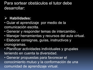Para sortear obstáculos el tutor debe
desarrollar:
 Habilidades:
• Guiar el aprendizaje por medio de la
comunicación escrita.
• Generar y responder temas de intercambio .
• Manejar herramientas y recursos del aula virtual.
• Elaborar consignas, guías, instructivos y
cronogramas.
• Planificar actividades individuales y grupales
teniendo en cuenta la diversidad.
• Generar propuestas para favorecer el
conocimiento mutuo y la conformación de una
comunidad de aprendizaje virtual.
 