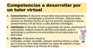 Competencias a desarrollar por
un tutor virtual
1. Conocimientos: El docente virtual debe educarse para dominar los
componentes, metodologías y entornos virtuales. Además debe
conocer las distintas formas en que los alumnos adquieren nuevos
conocimientos a fin de llevar a cabo distintas estrategias.
2. Habilidades: El docente virtual es generador de tareas, promueve el
intercambio, elabora material, planifica actividades, guía el
aprendizaje y conforma una comunidad virtual adecuada a la
diversidad.
3. Actitudes: El docente virtual es
motivador, cordial, accesible, siempre muestra interés y empatía
por el alumno. Pero debe también ser capaz de advertir y hacer
respetar los tiempos y las formas de trabajo.
 