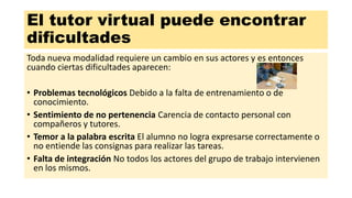 El tutor virtual puede encontrar
dificultades
Toda nueva modalidad requiere un cambio en sus actores y es entonces
cuando ciertas dificultades aparecen:
• Problemas tecnológicos Debido a la falta de entrenamiento o de
conocimiento.
• Sentimiento de no pertenencia Carencia de contacto personal con
compañeros y tutores.
• Temor a la palabra escrita El alumno no logra expresarse correctamente o
no entiende las consignas para realizar las tareas.
• Falta de integración No todos los actores del grupo de trabajo intervienen
en los mismos.
 